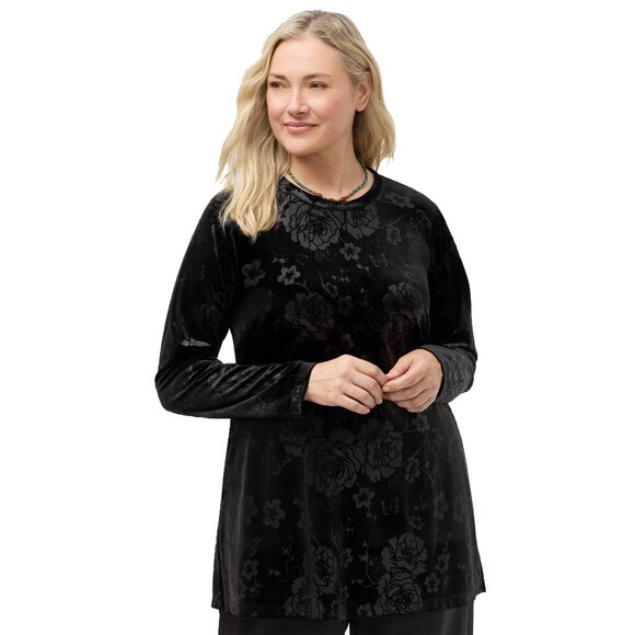 Johnny Was Embossed Stretch Velvet Black Tunic Flowers Long Shirt Floral Top NEW - Picture 6 of 9